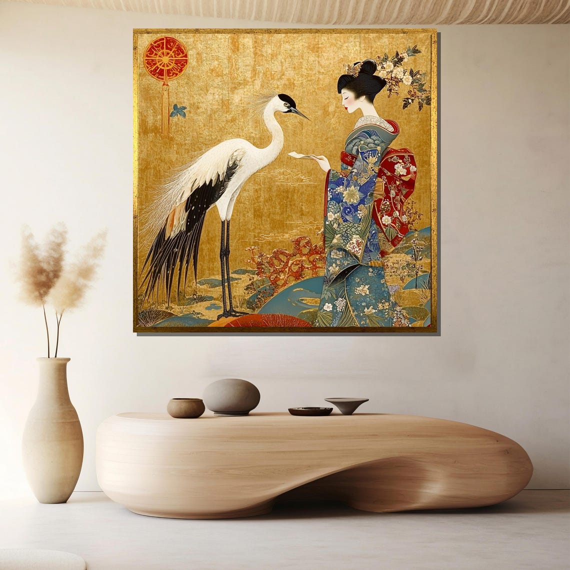 Elegant Geisha In Floral Kimono Feeding White Crane Gold Poster