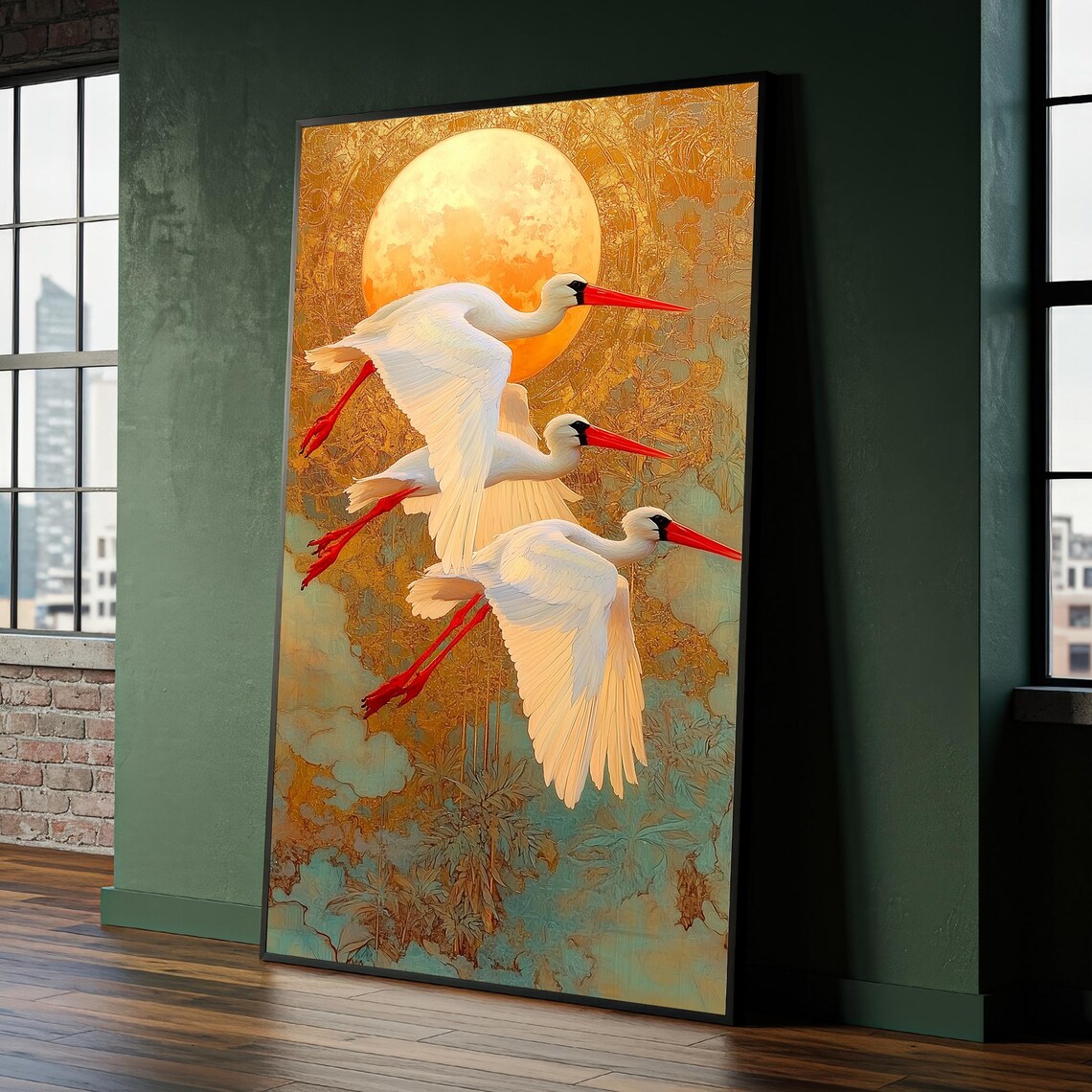 Golden Crane Art Print, Oriental Bird Moon