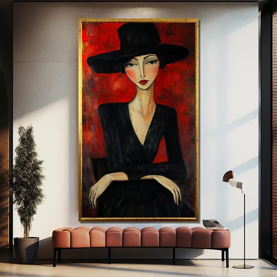 Elegant Woman In Black Hat, Minimalist Modern Portrait