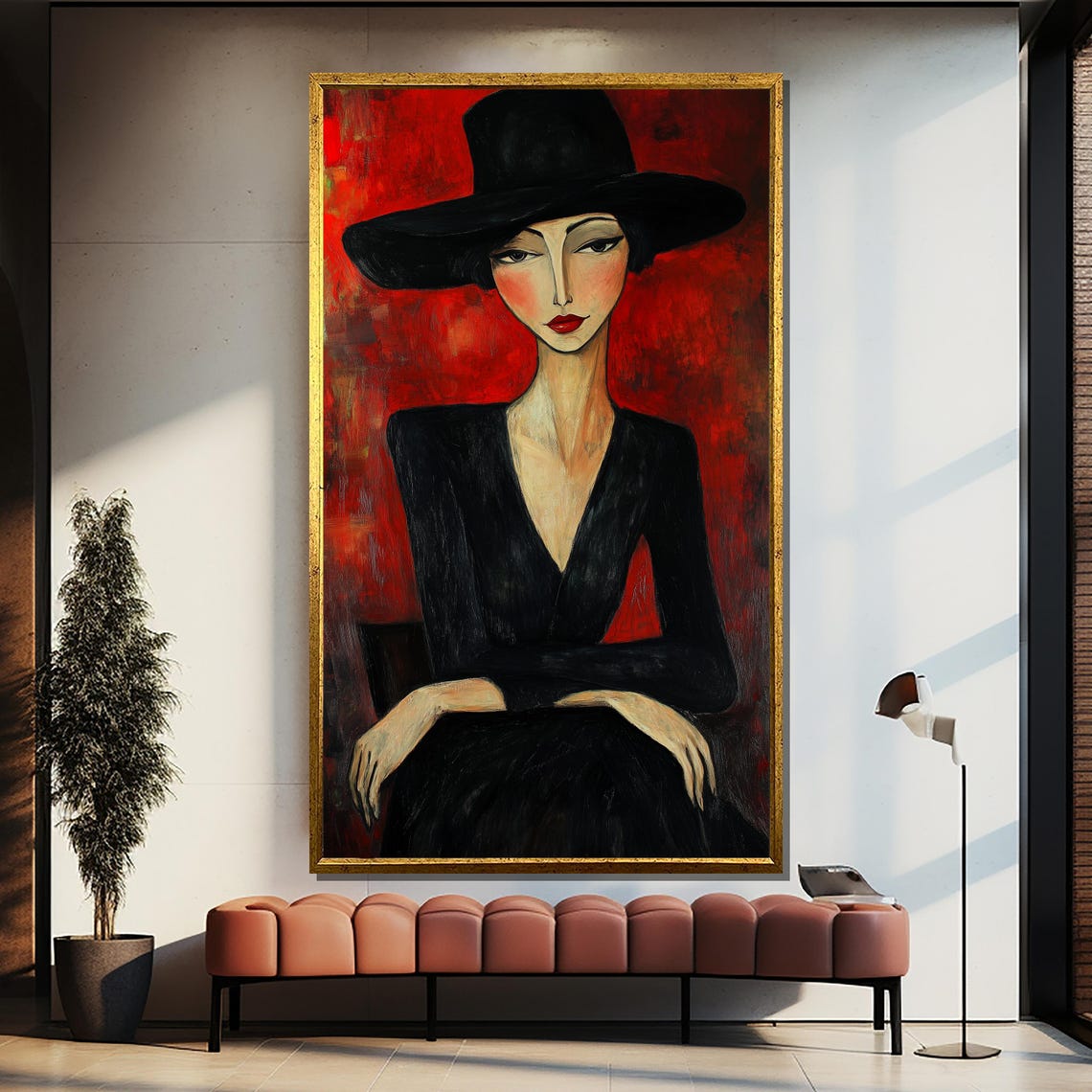Elegant Woman In Black Hat, Minimalist Modern Portrait