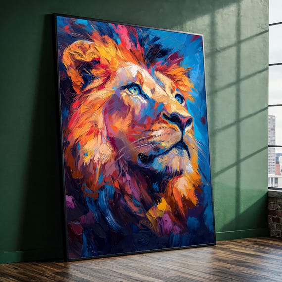 Colorful Abstract Lion Canvas Painting Impasto Portrait Ready To Hang Gift For Animal Lovers Surreal Art