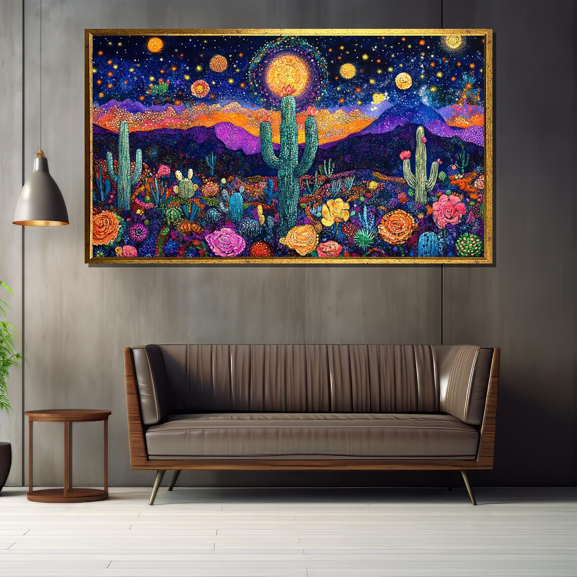 Starry Night Desert Saguaro Cactus Blooming Flowers Colorful Art Poster - Image 4