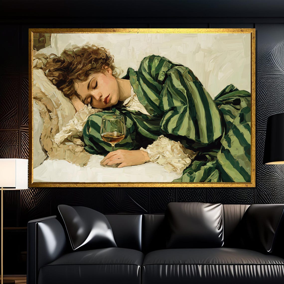 Woman Sleeping With Wine Glass Green Robe Vintage Style Poster - Image 4