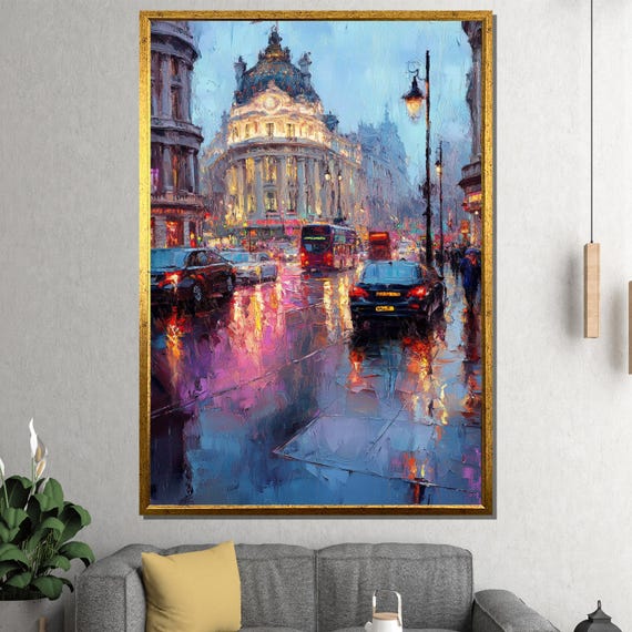 London Rainy Street Travel Poster, Urban Night Art