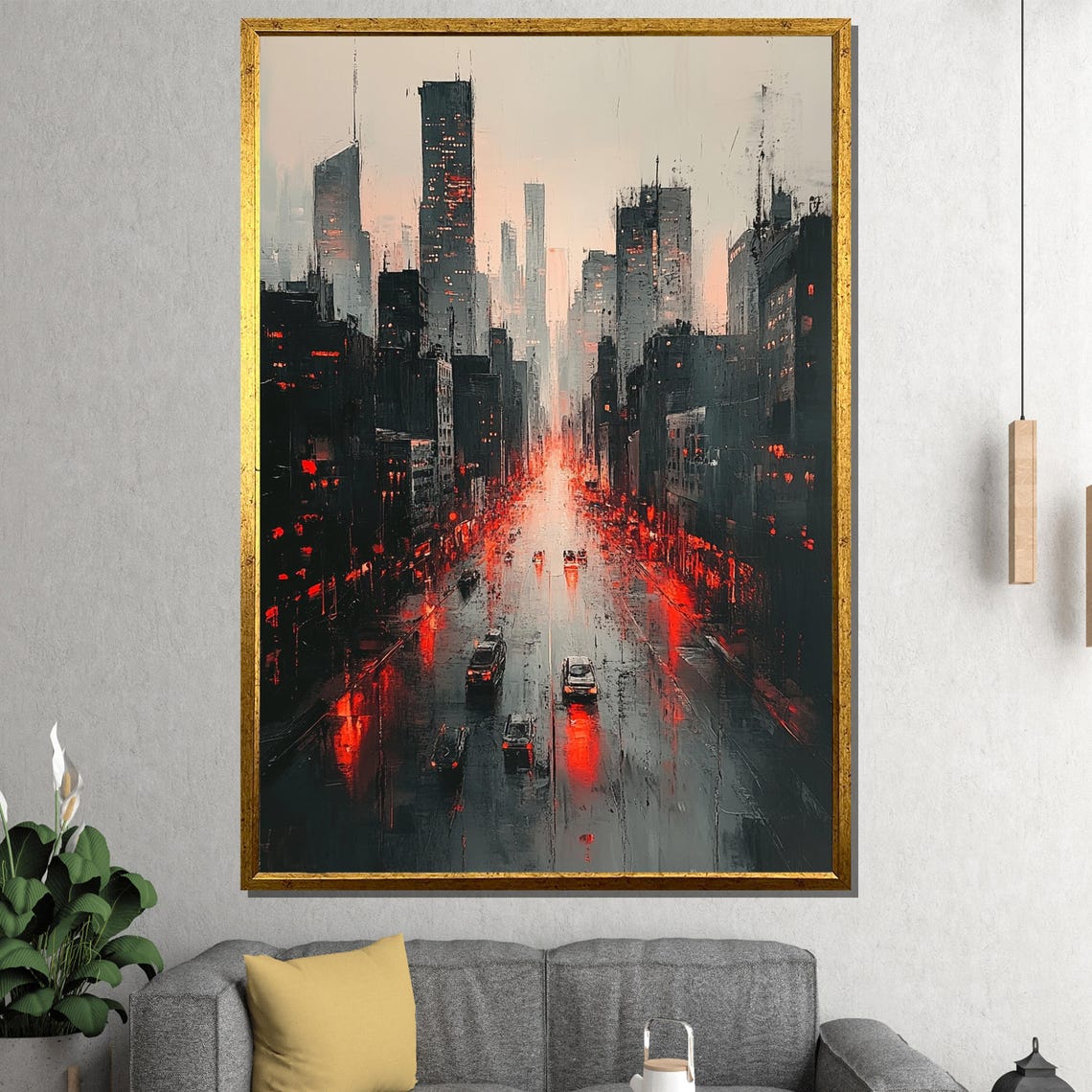 Rainy City Street Night Red Taillight Reflections Urban Art Poster