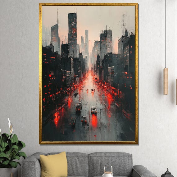 Rainy City Street Canvas Painting Moody Urban Wall Art With Red Lights Ready To Hang Gift For Modern Home Or Office