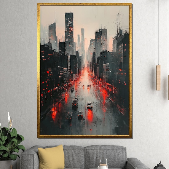 Rainy City Street Night Red Taillight Reflections Urban Art Poster