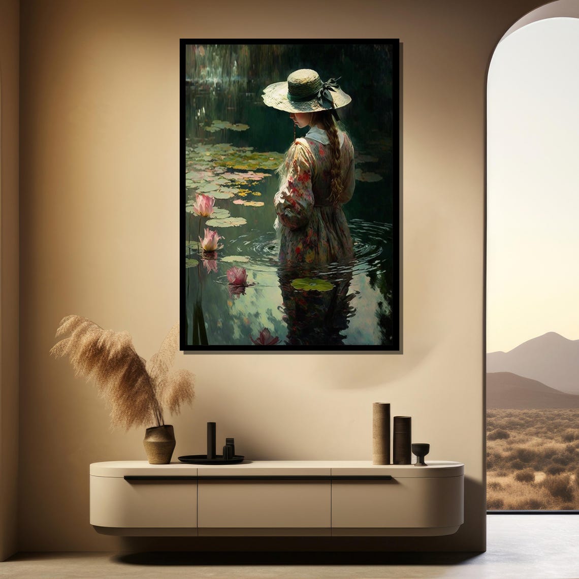 Romantic Woman In Water Lily Pond Vintage Impressionist Art Poster - Image 3