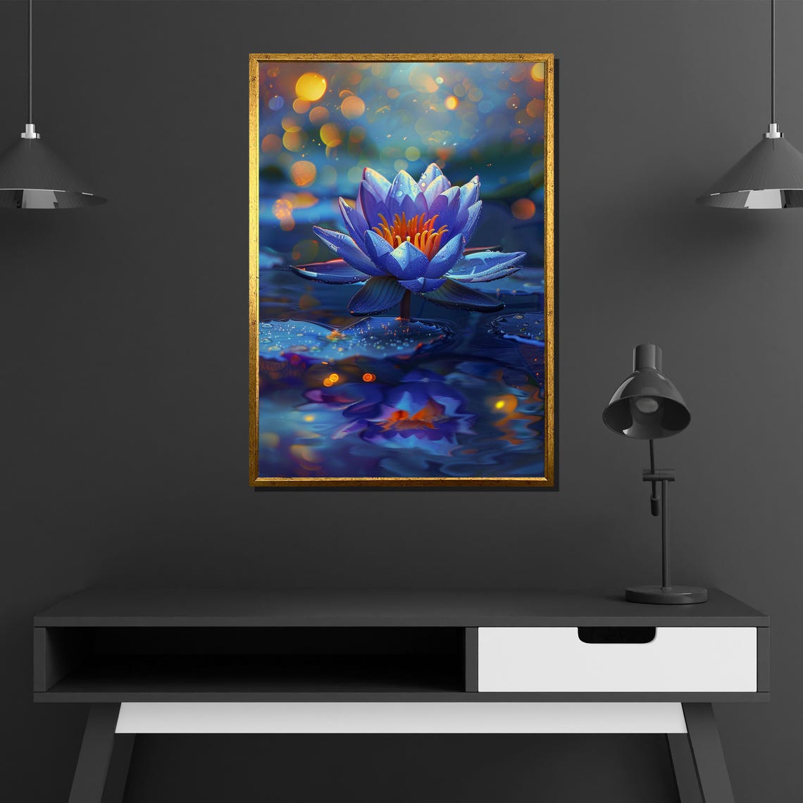 Blue Water Lily Night Bloom Golden Bokeh Luminous Art Poster - Image 2