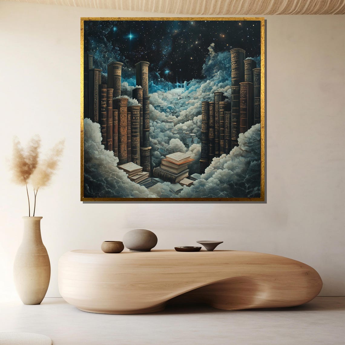 Cosmic Library Giant Book Towers Among Clouds Starry Night Poster