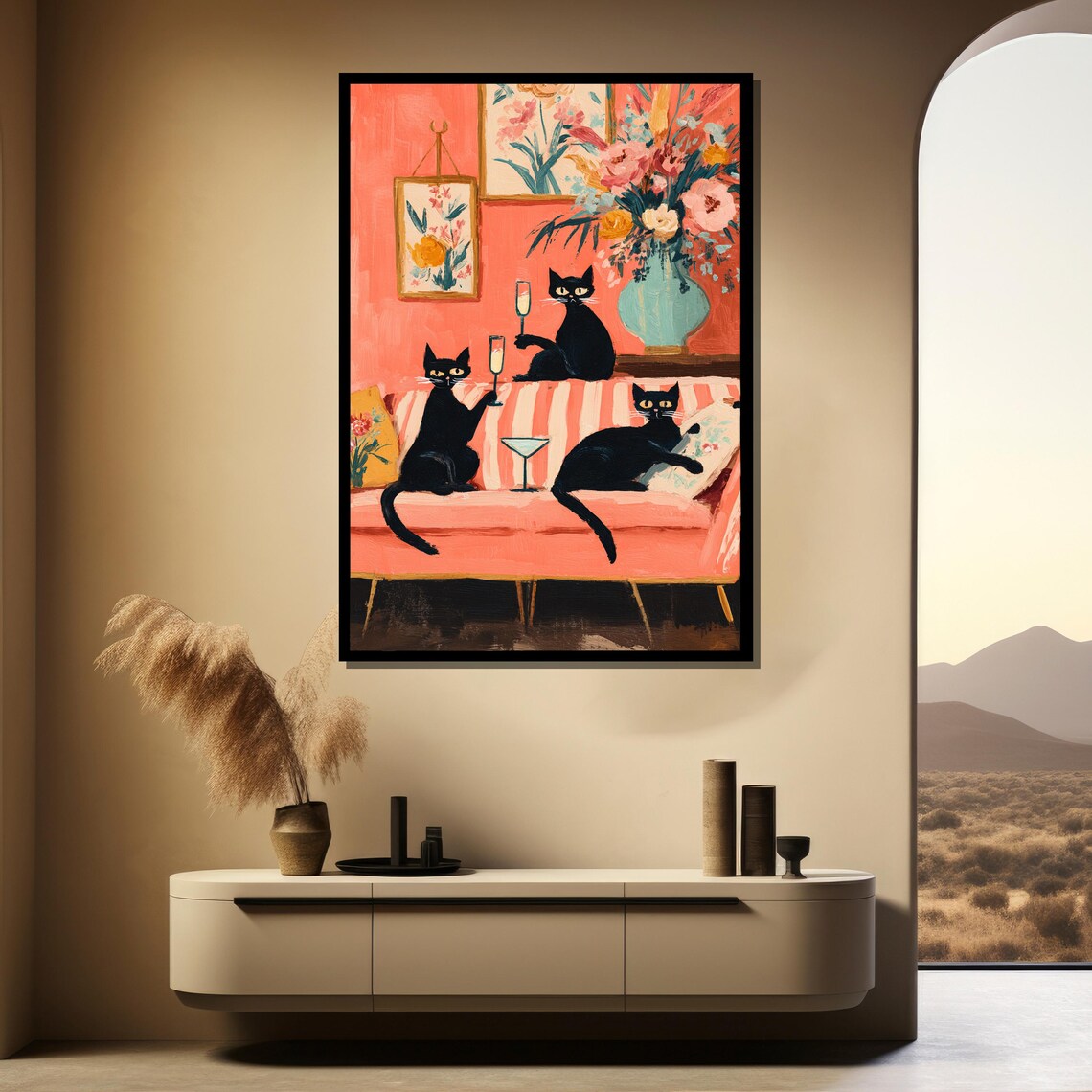 Three Black Cats Drinking Champagne on Pink Sofa Playful Pet Painting Poster - Image 3