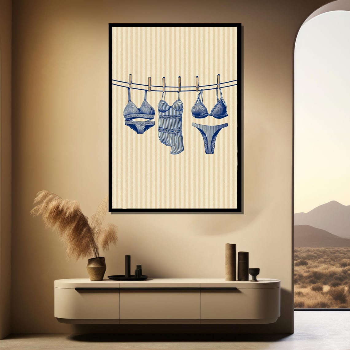 Lingerie Hanging On Clothesline Evokes Feminine Charm Minimalist Illustration Canvas Painting Ready To Hang Gift - Image 3