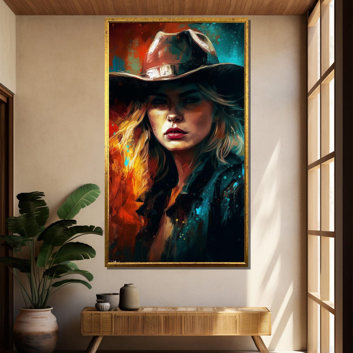 Stylish Cowgirl in Hat Bold Turquoise Orange Portrait Wall Art - Image 2