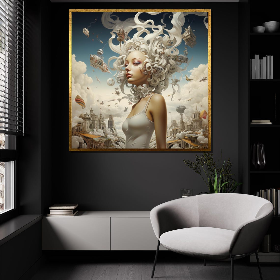 Fantasy Steampunk Woman White Cloud Hair Sky Cities Surreal Poster - Image 4