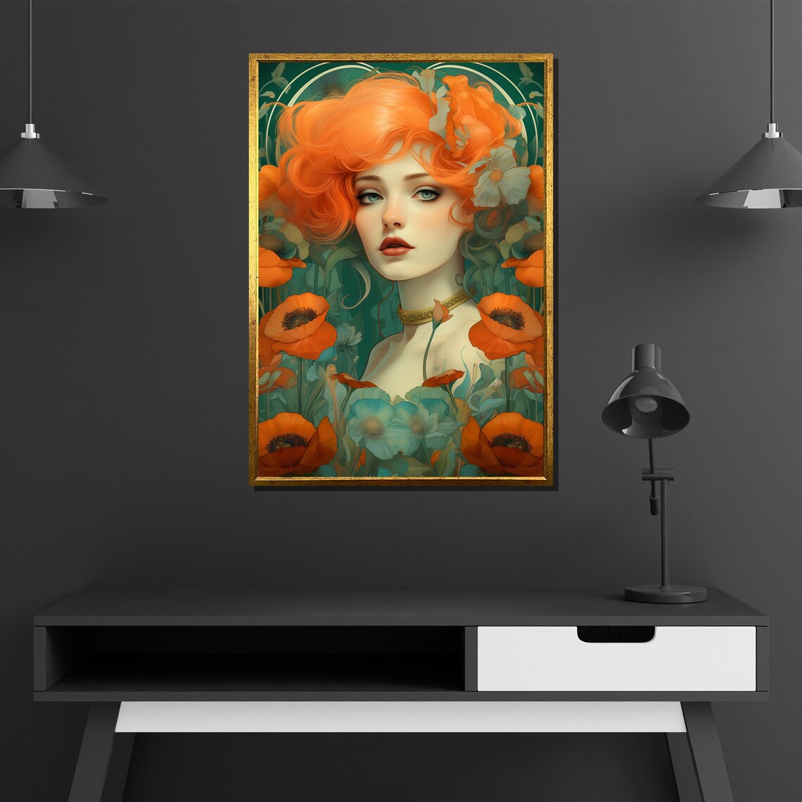Redhead Woman With Orange Poppies Art Nouveau Floral Portrait Poster - Image 4