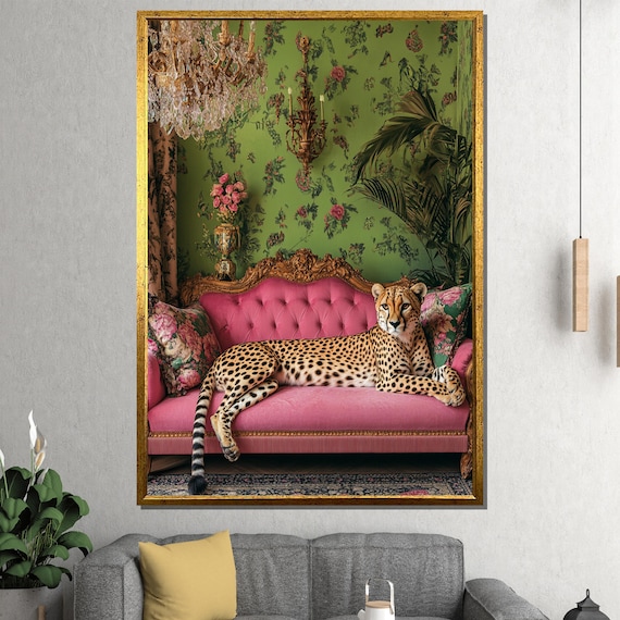 Cheetah On Pink Sofa, Boho Mid-Century Art Print
