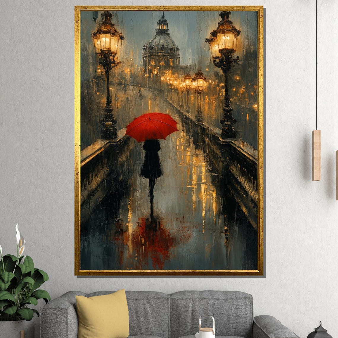 Red Umbrella Rainy Night Bridge Glowing Lamps Impressionist Poster