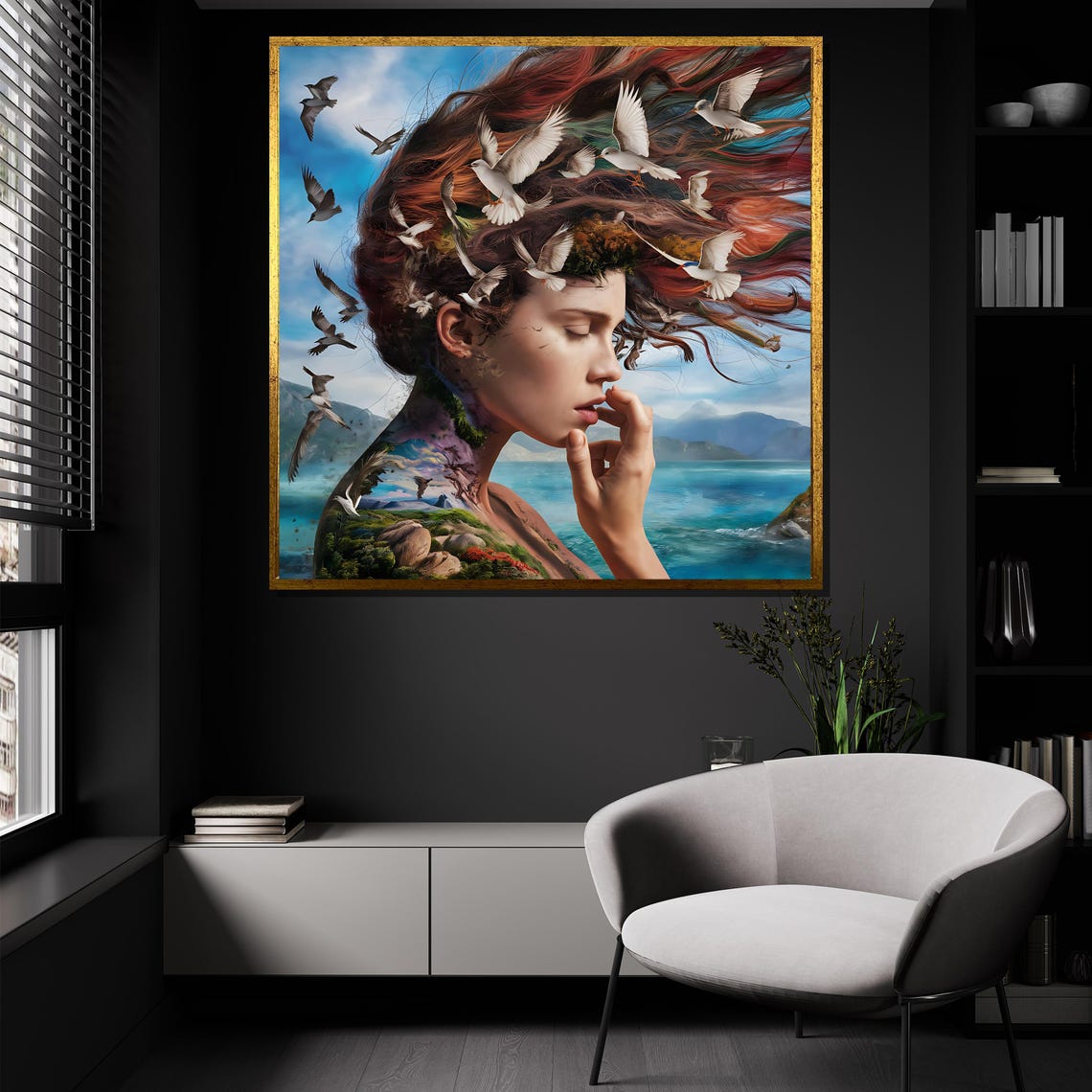 Nature Spirit Woman Seashore Double Exposure Birds Flying Art Poster - Image 4