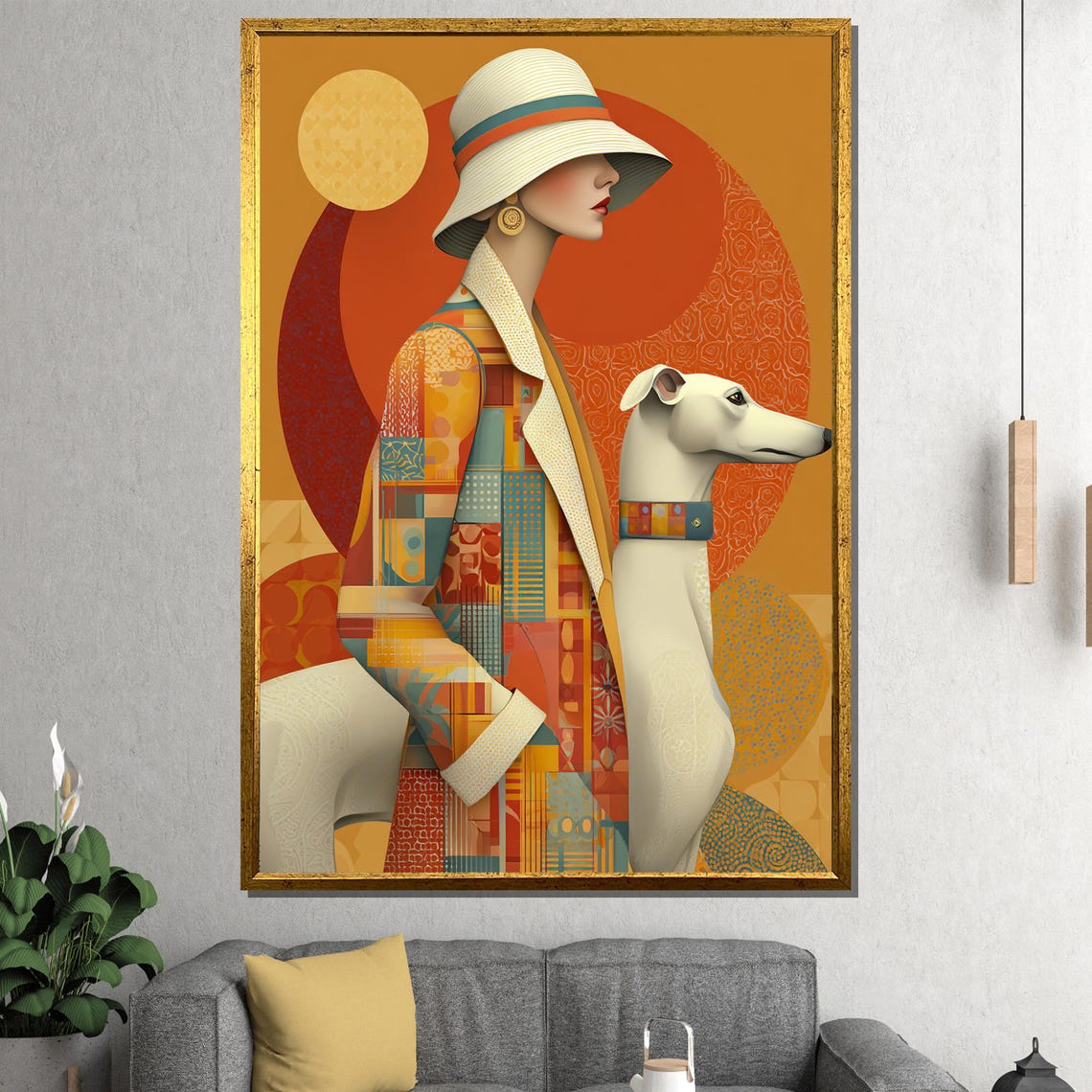 Modern Woman And Dog Canvas Painting Stylish Retro Wall Art In Warm Tones Elegant Fashion Portrait Sophisticated Gift For Home