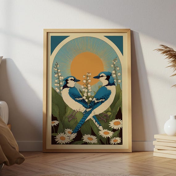 Blue Jay Botanical Print Scandinavian Folk Art
