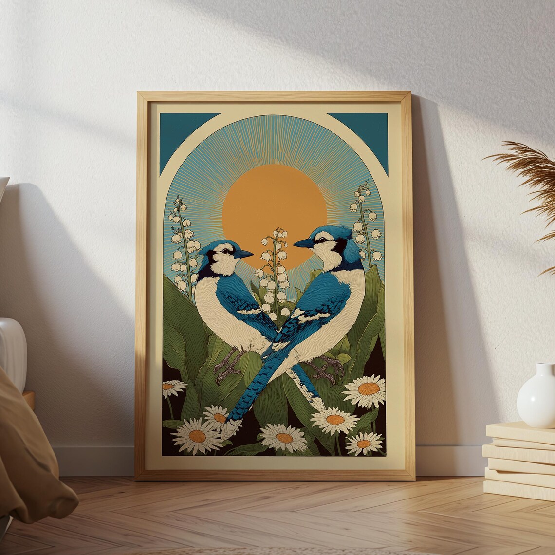 Blue Jays Botanical Sun Scandinavian Folk Art Birds Daisy Poster