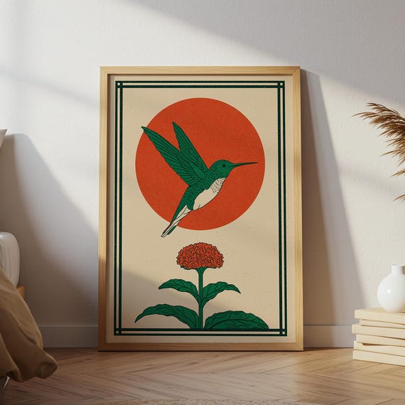 Hummingbird Folk Art Print Vintage Bird Illustration Red Sun Wall Scandinavian Style Poster Rustic Boho Home Decor Botanical