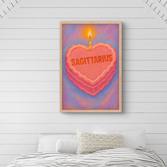 Sagittarius Heart Cake Zodiac Birthday Candle Pink Astrology Poster