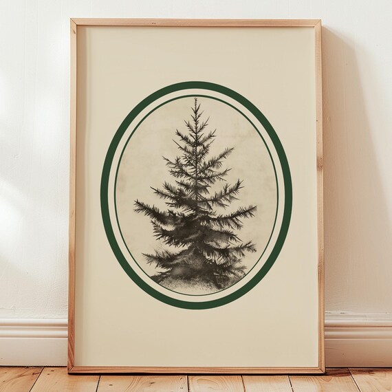 Vintage Pine Tree Oval Framed Botanical Sketch Minimalist Poster