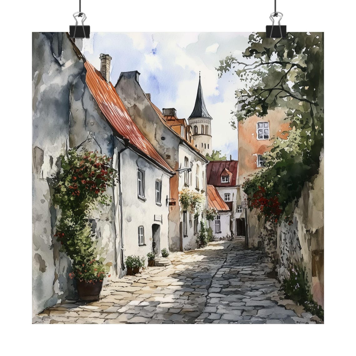 Tallinn Estonia Old Town Cobblestone Street Church Watercolor Poster