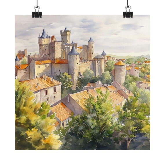 Carcassonne Medieval Fortified Castle France Watercolor Travel Poster