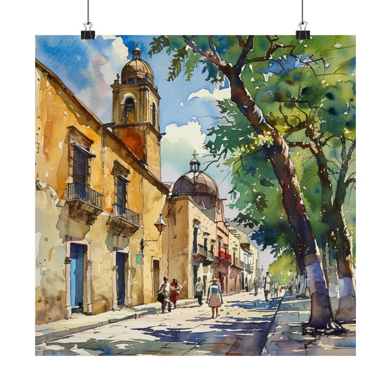 Oaxaca Poster Mexico Streetscape Watercolor Art Print Travel Wall Gift City Decor