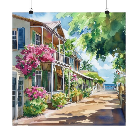 Lahaina Maui Hawaiian Street Watercolor Tropical Coastal Art Poster