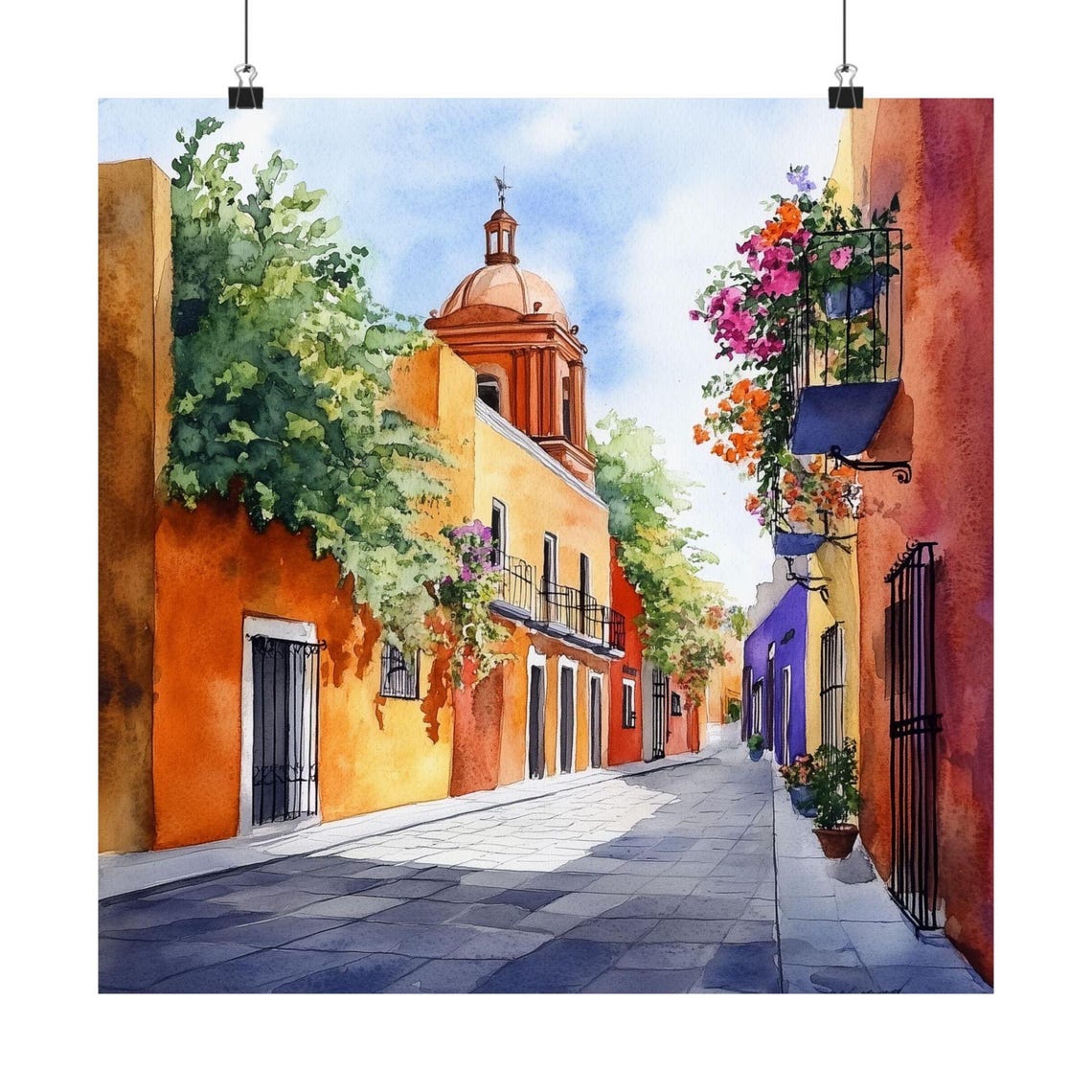 Puebla Colonial Street Mexico Colorful Watercolor Travel Poster
