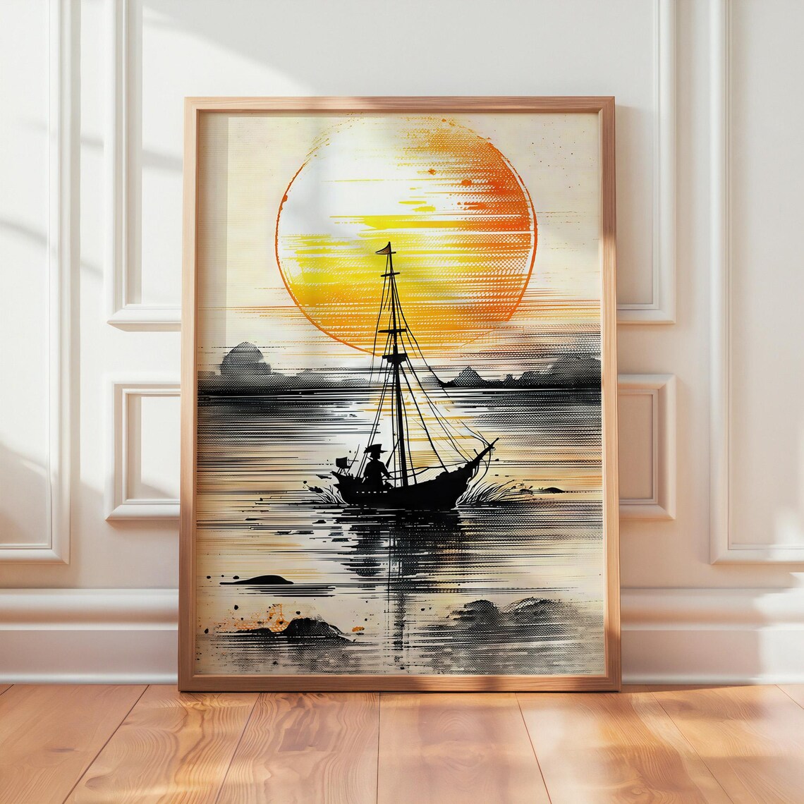 Sailboat Silhouette Orange Sun Ink Wash Ocean Seascape Framed Wall Art
