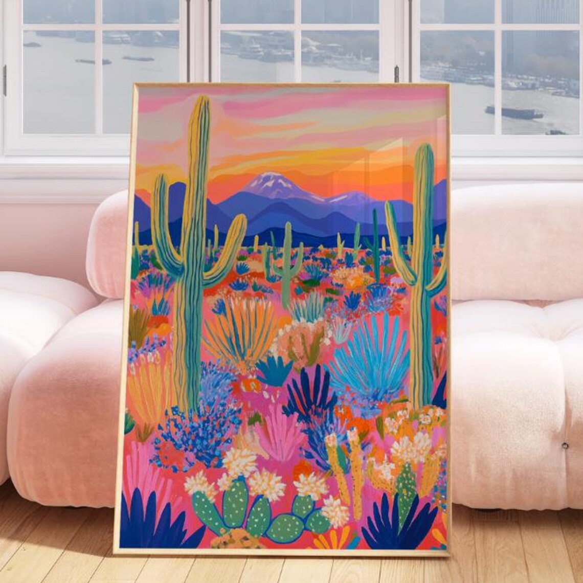 Pink Desert Sunset Saguaro Cactus Mountain Wildflower Art Poster