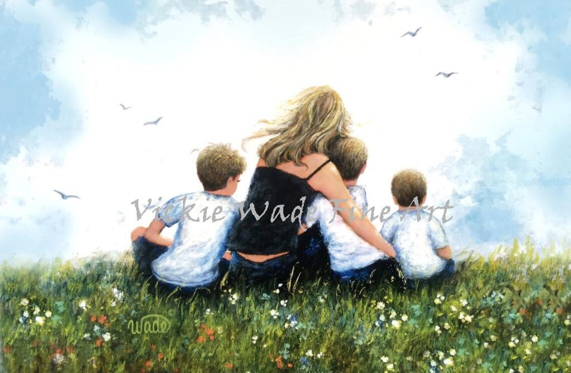 Blonde Mother With Three Sons Wildflower Meadow Painting Art Poster