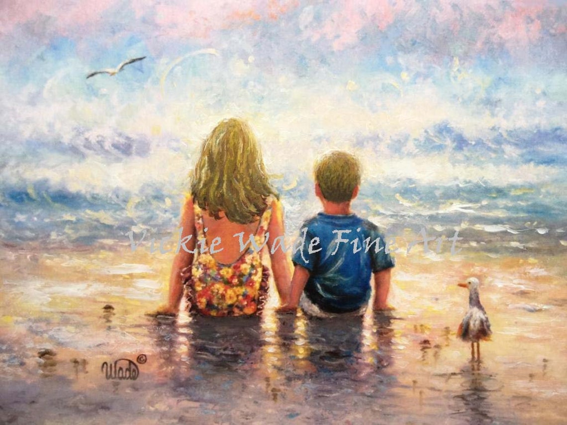 Brother And Sister Watching Ocean Waves On The Beach Art Poster - Image 2