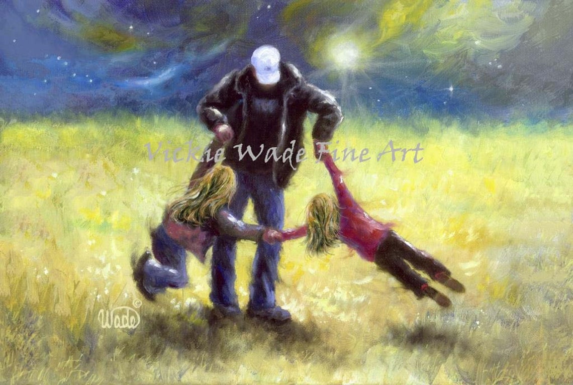 Father Spinning His Two Daughters in a Meadow at Dusk Poster