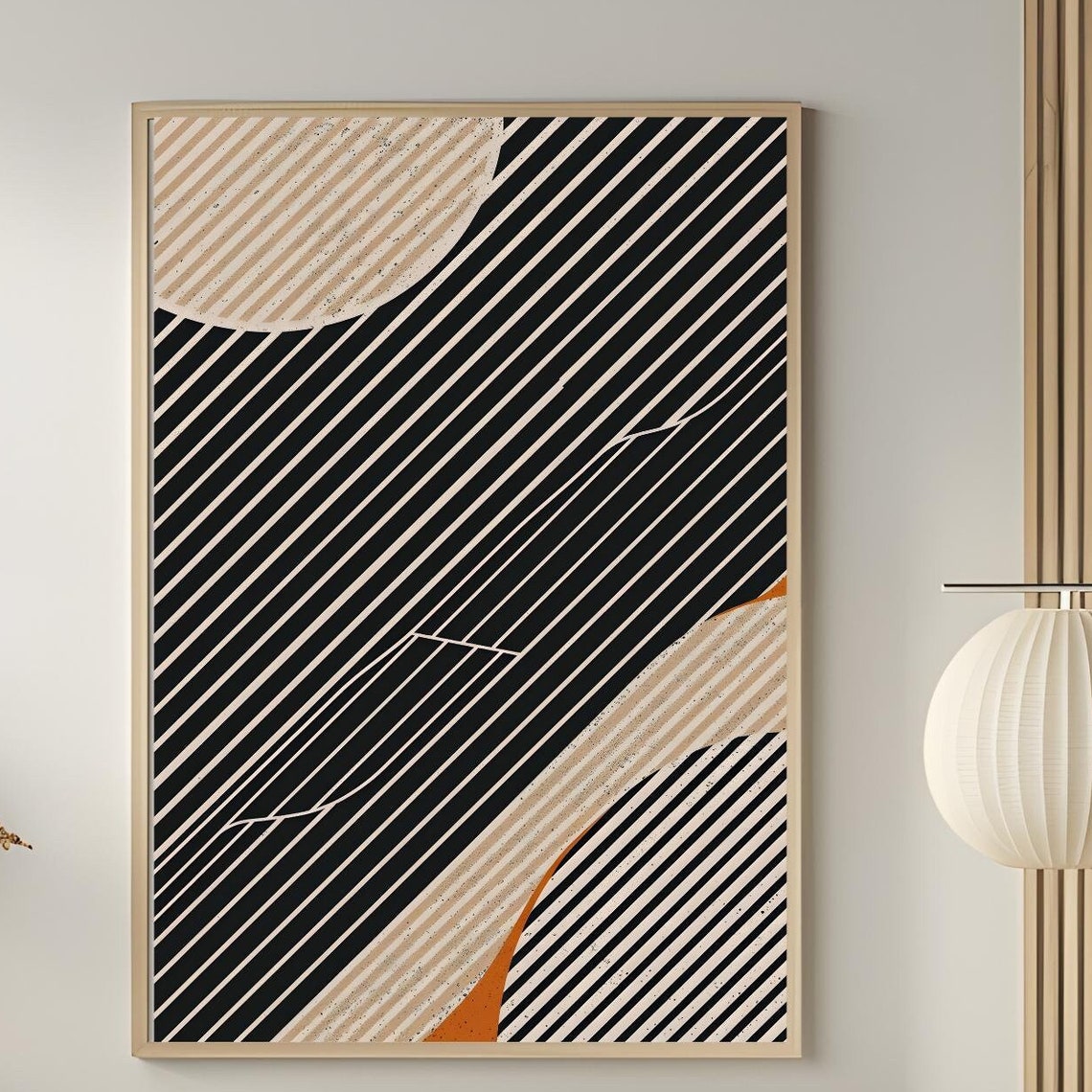 Mid Century Modern Black Cream Diagonal Stripes Rust Art Poster