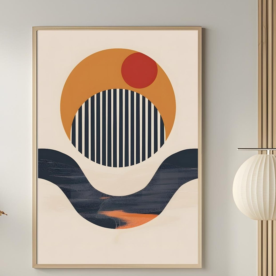 Mid Century Modern Mustard Sun Navy Stripes Wave Cream Poster