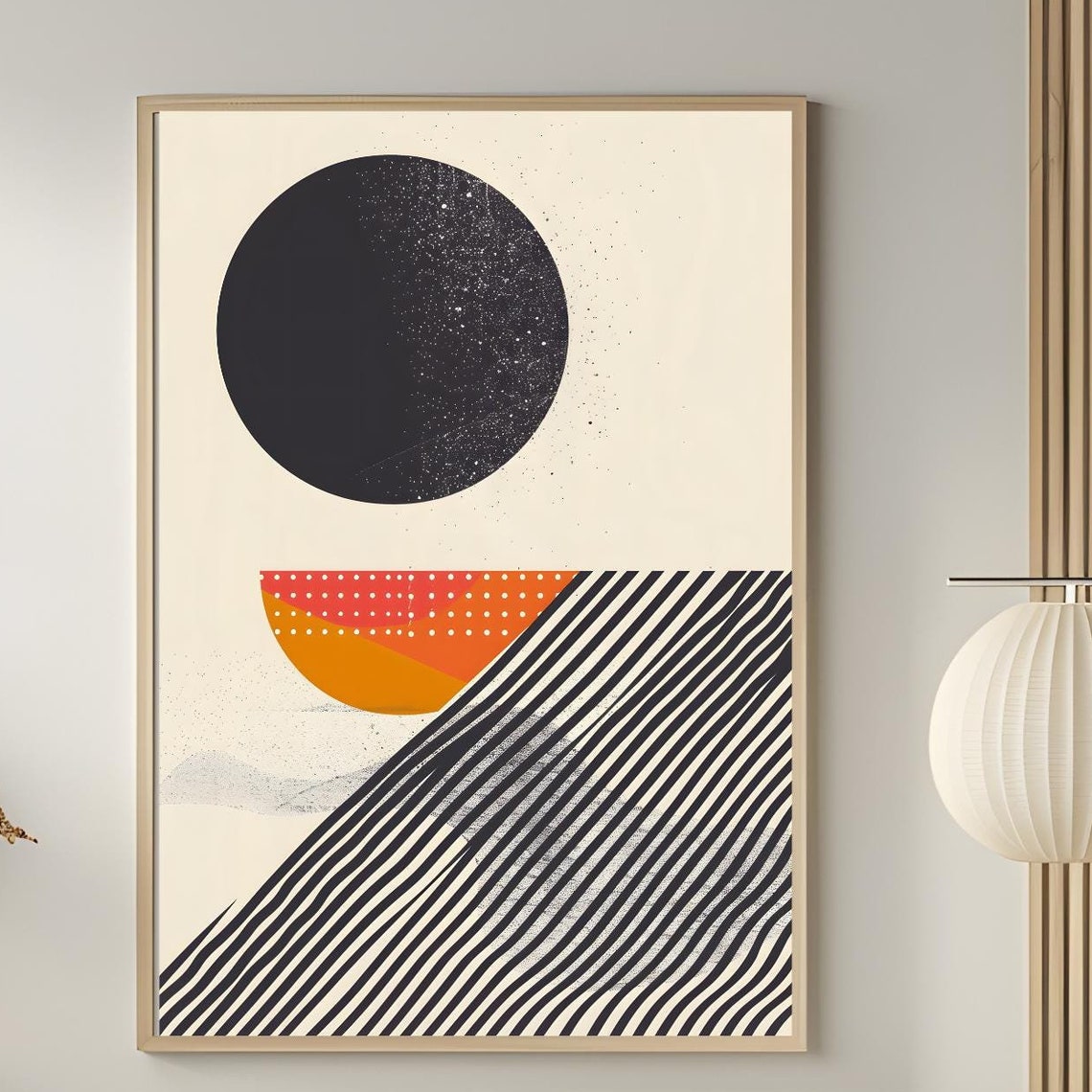 Mid Century Modern Black Moon Orange Sun Striped Waves Poster