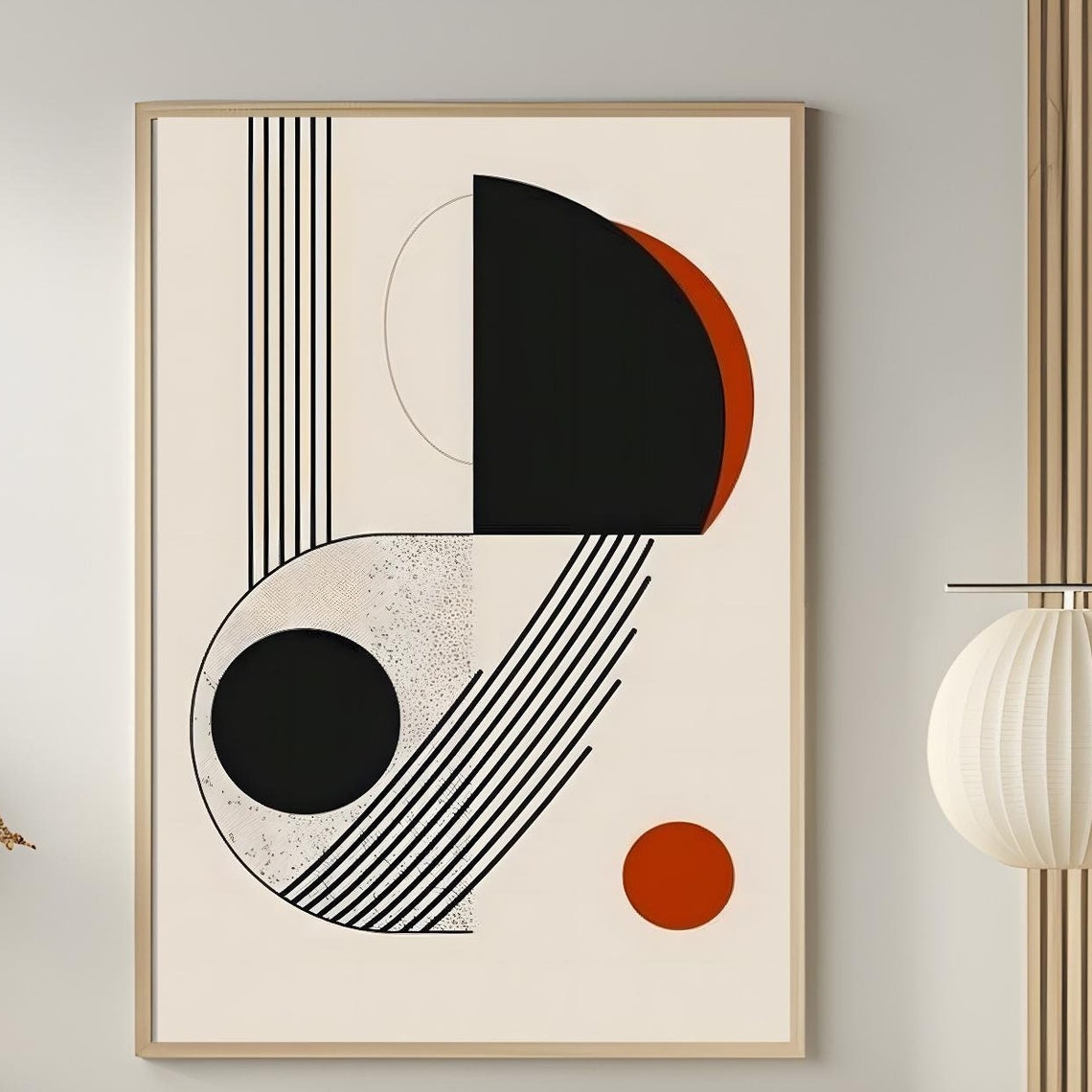 Mid Century Modern Beige Black Rust Half Circle Geometric Art Poster