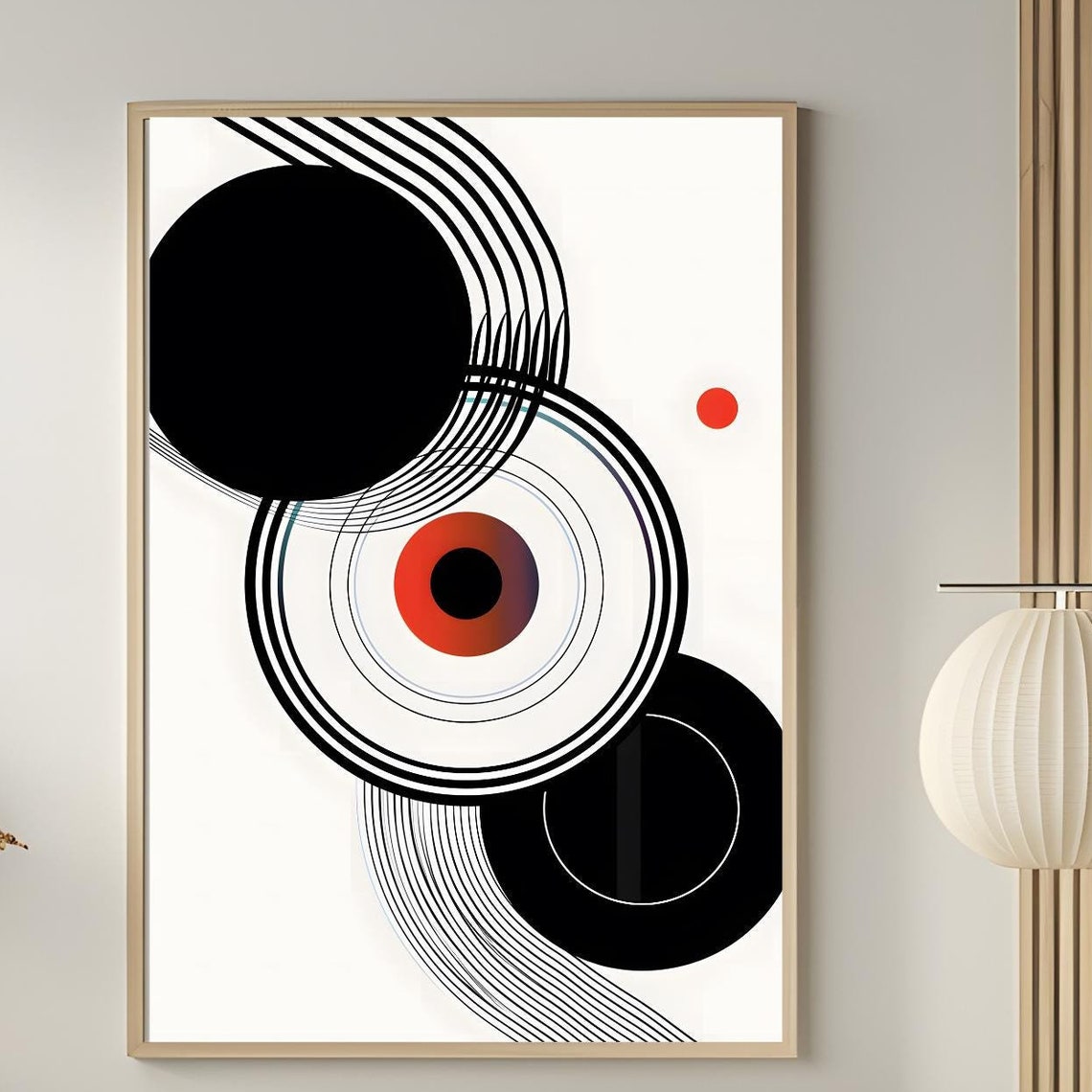 Mid Century Modern Black Circles Red Bullseye Kinetic Abstract Poster