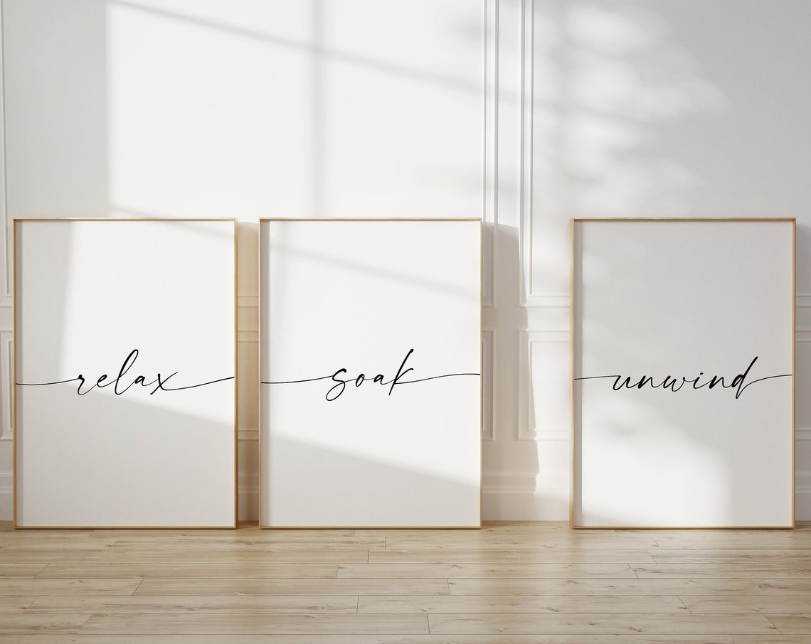 Relax Soak Unwind Script Bathroom Trio Typography Minimalist Poster