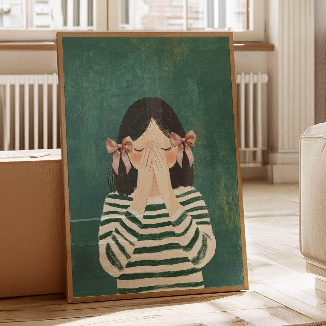 Girl With Pink Bows Covering Face Green Nursery Decor Poster - Image 2
