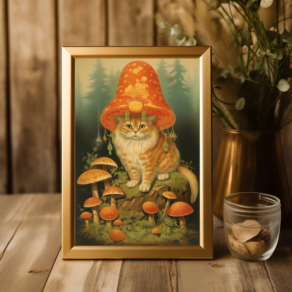Ginger Cat Wearing a Mushroom Hat in the Forest Funny Poster - Image 2