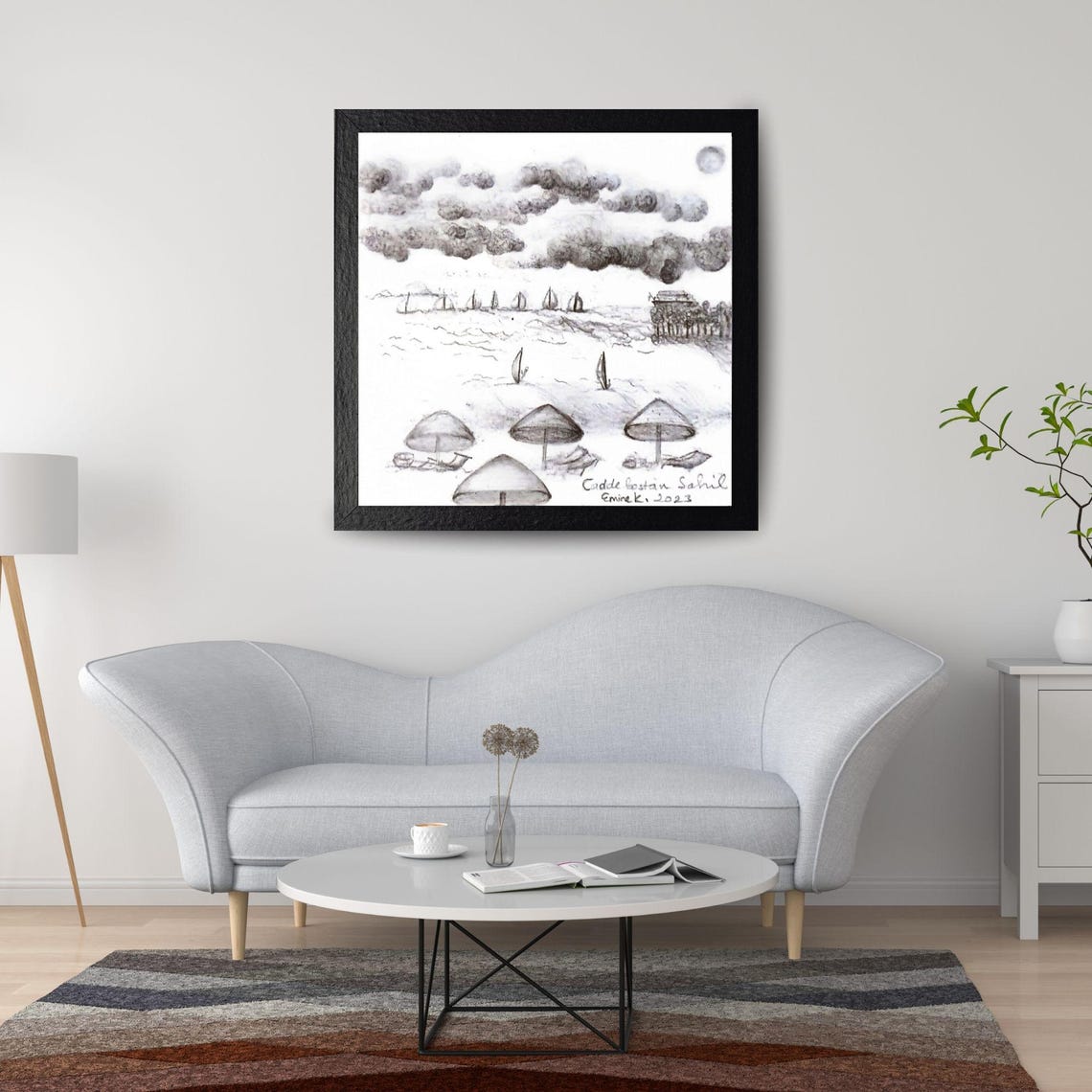 Caddebostan Beach Charcoal Sketch Moody Coastal Seaside Art Poster - Image 4