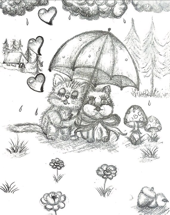 Two Kittens Under Umbrella Pencil Sketch Cute Rainy Day Poster