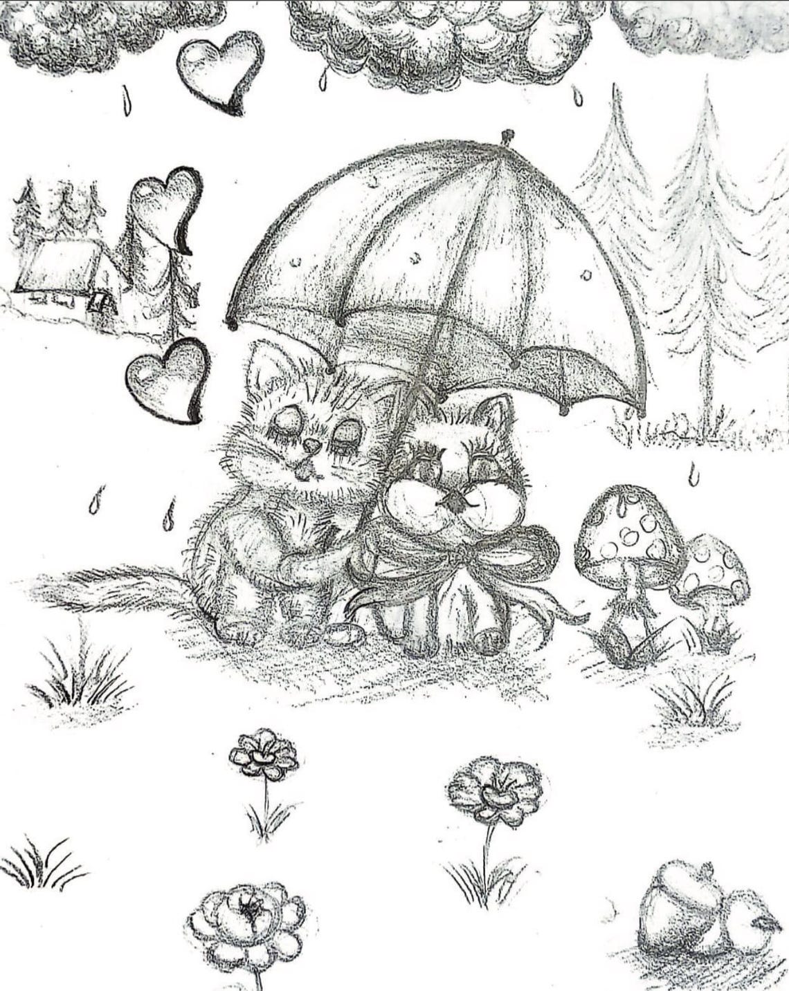 Two Kittens Under Umbrella Pencil Sketch Cute Rainy Day Poster