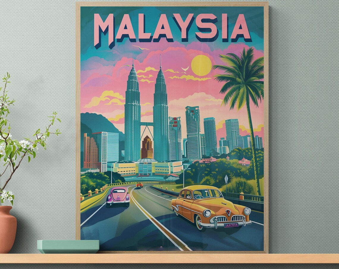 Malaysia Petronas Towers Sunset Highway Retro Cars Travel Poster - Image 3